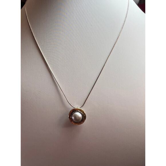 Silver Cultured Pearl With Gold Over 925 sterling silver Necklace - Picture 4 of 11